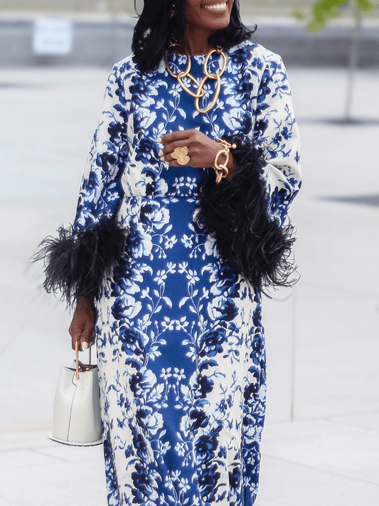 Indigo Reflection Feather Maxi Dress - allsose