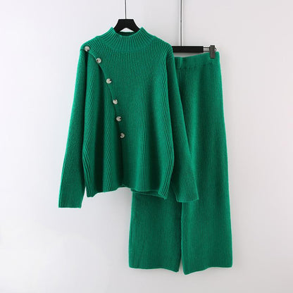 Knitted 2pc Set With Oblique Button - allsose