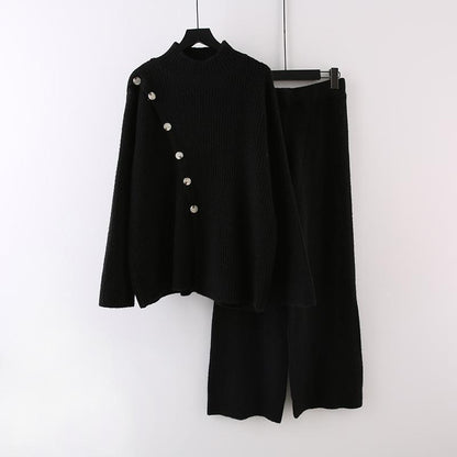 Knitted 2pc Set With Oblique Button - allsose