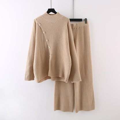 Knitted 2pc Set With Oblique Button - allsose