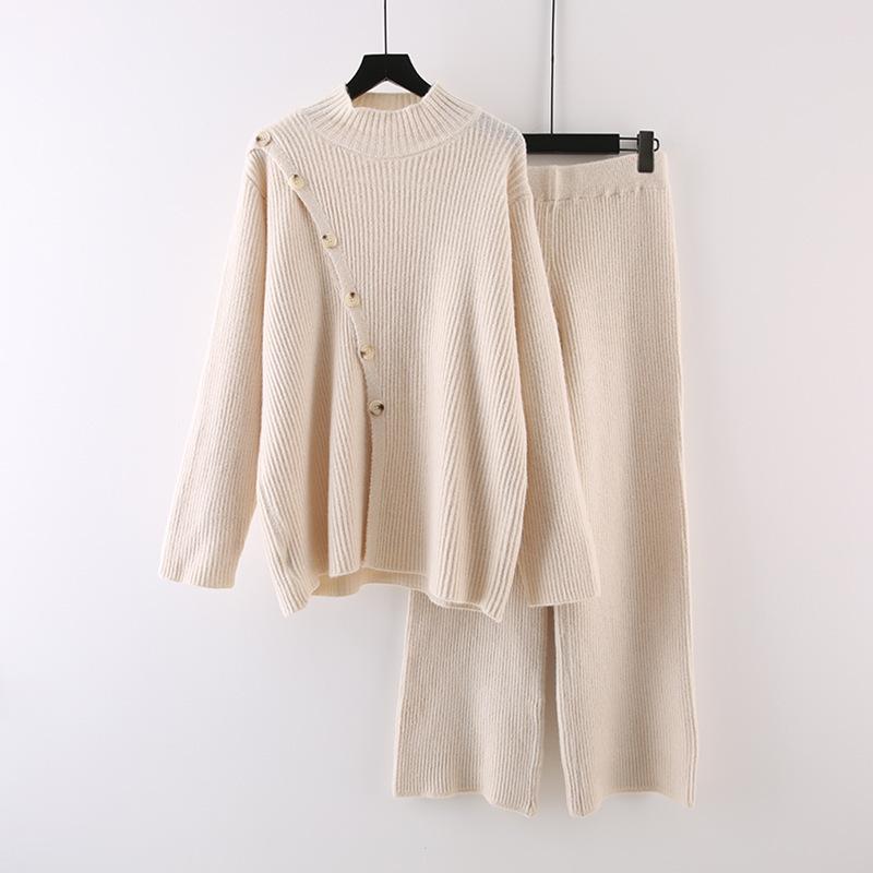 Knitted 2pc Set With Oblique Button - allsose