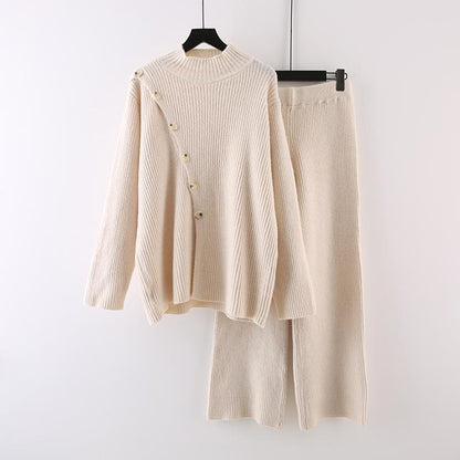 Knitted 2pc Set With Oblique Button - allsose