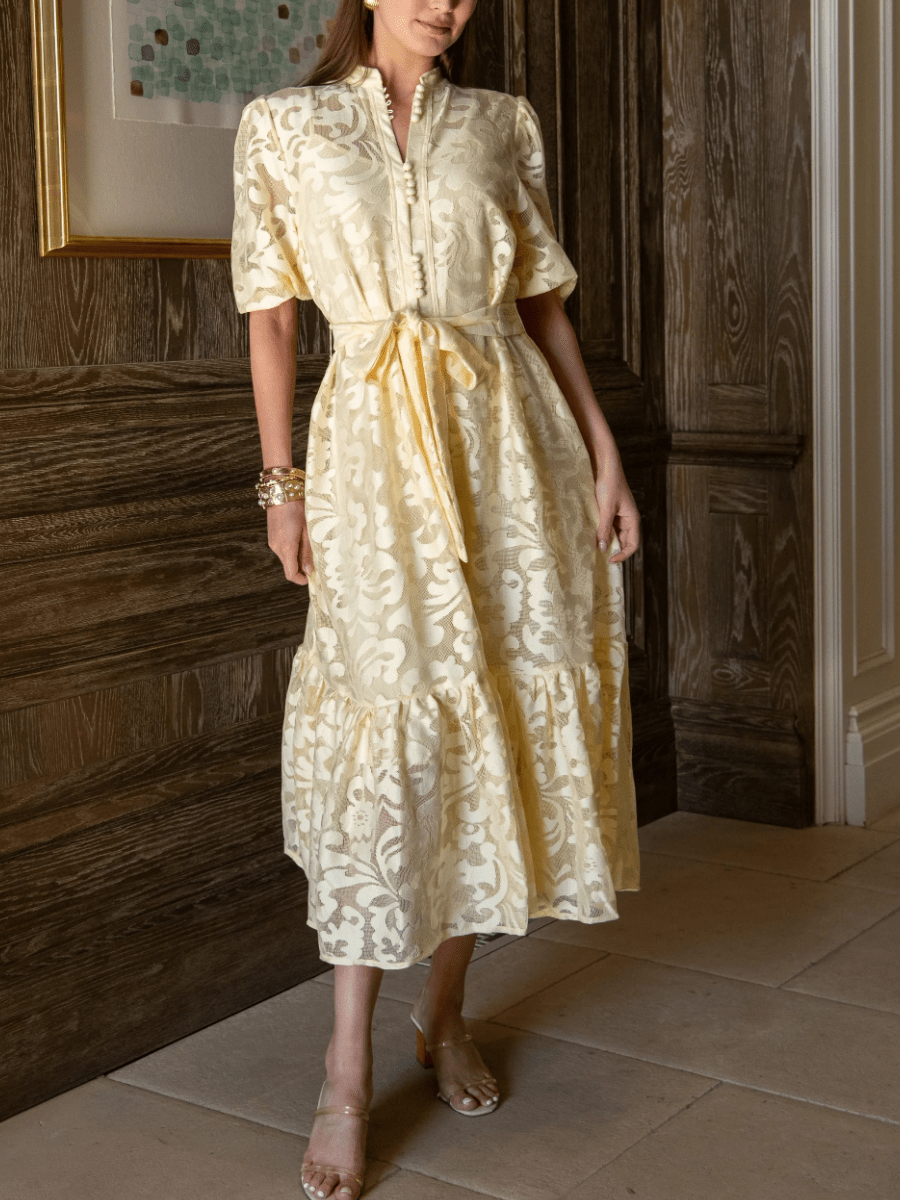 Lace Short Puff Sleeve Midi Dress - Yellow - allsose