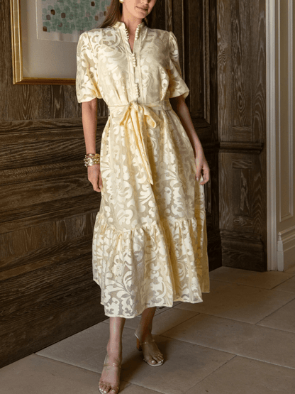 Lace Short Puff Sleeve Midi Dress - Yellow - allsose