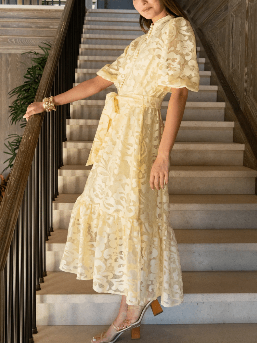 Lace Short Puff Sleeve Midi Dress - Yellow - allsose