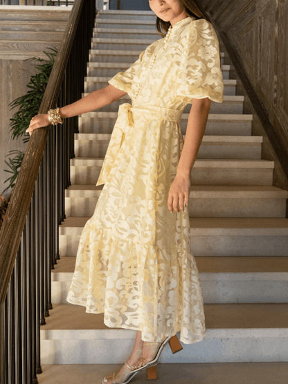 Lace Short Puff Sleeve Midi Dress - Yellow - allsose