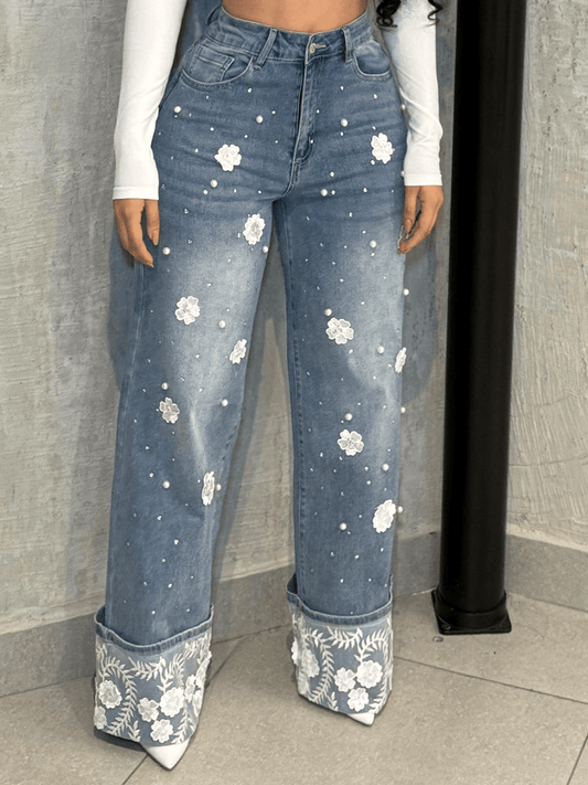Lace - Stitched Jeans - allsose