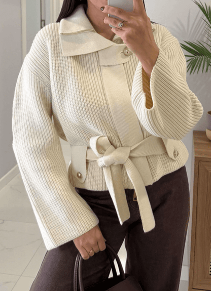 Lace - Up Waisted Sweater Jacket - allsose