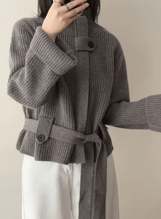 Lace - Up Waisted Sweater Jacket - allsose