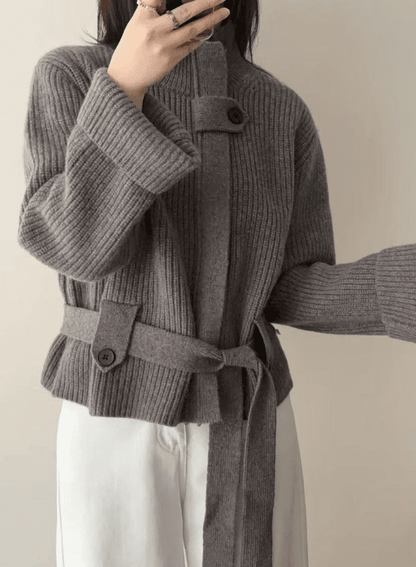 Lace - Up Waisted Sweater Jacket - allsose