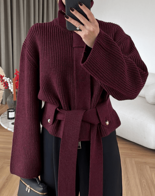 Lace - Up Waisted Sweater Jacket - allsose