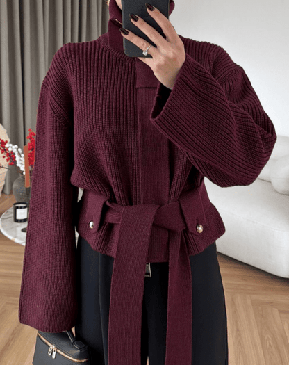 Lace - Up Waisted Sweater Jacket - allsose