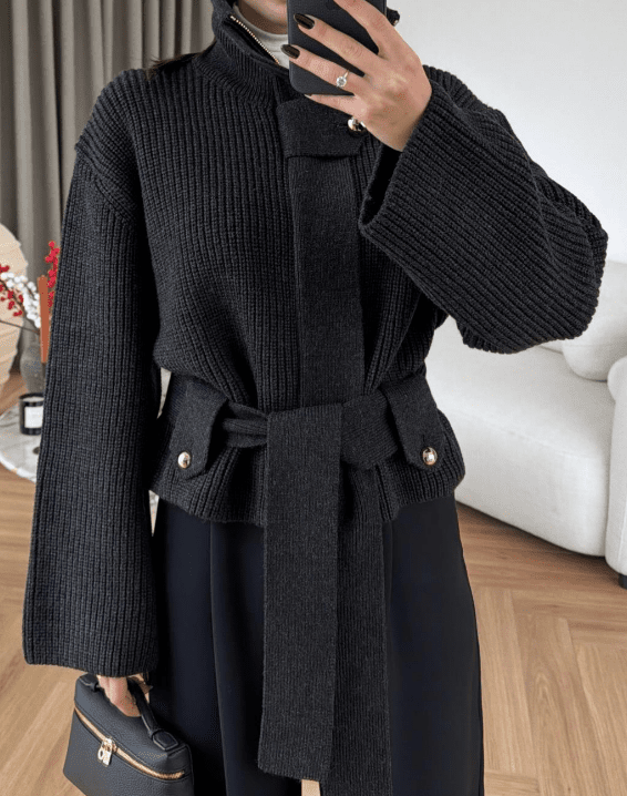 Lace - Up Waisted Sweater Jacket - allsose