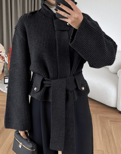 Lace - Up Waisted Sweater Jacket - allsose