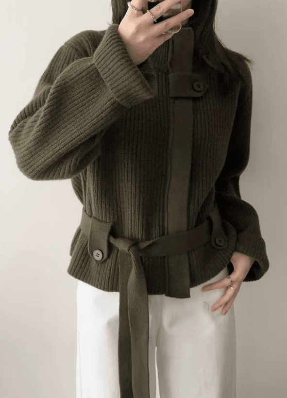 Lace - Up Waisted Sweater Jacket - allsose