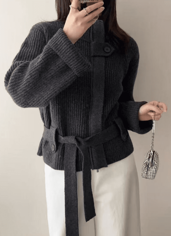 Lace - Up Waisted Sweater Jacket - allsose