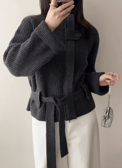 Lace - Up Waisted Sweater Jacket - allsose