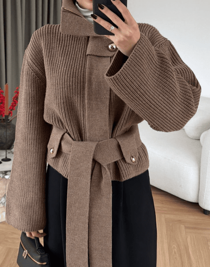 Lace - Up Waisted Sweater Jacket - allsose