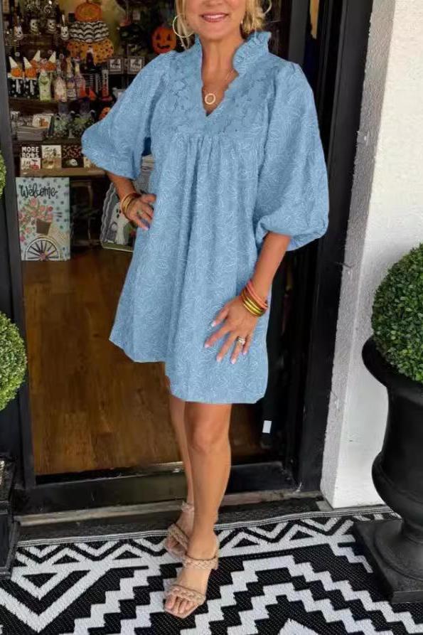 Lace V - neck Short Casual Dress - allsose