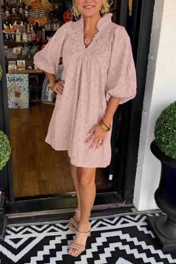 Lace V - neck Short Casual Dress - allsose