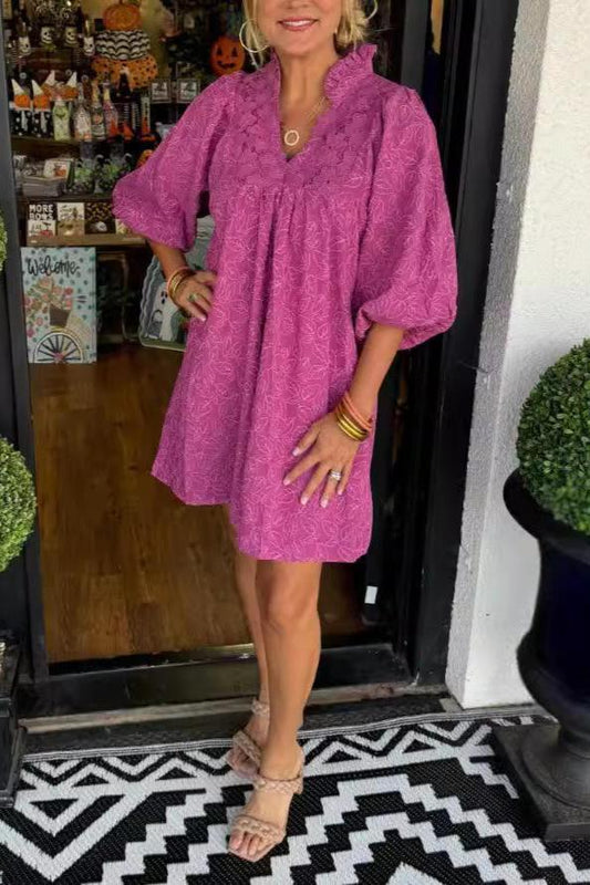 Lace V - neck Short Casual Dress - allsose