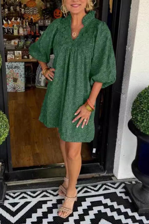 Lace V - neck Short Casual Dress - allsose