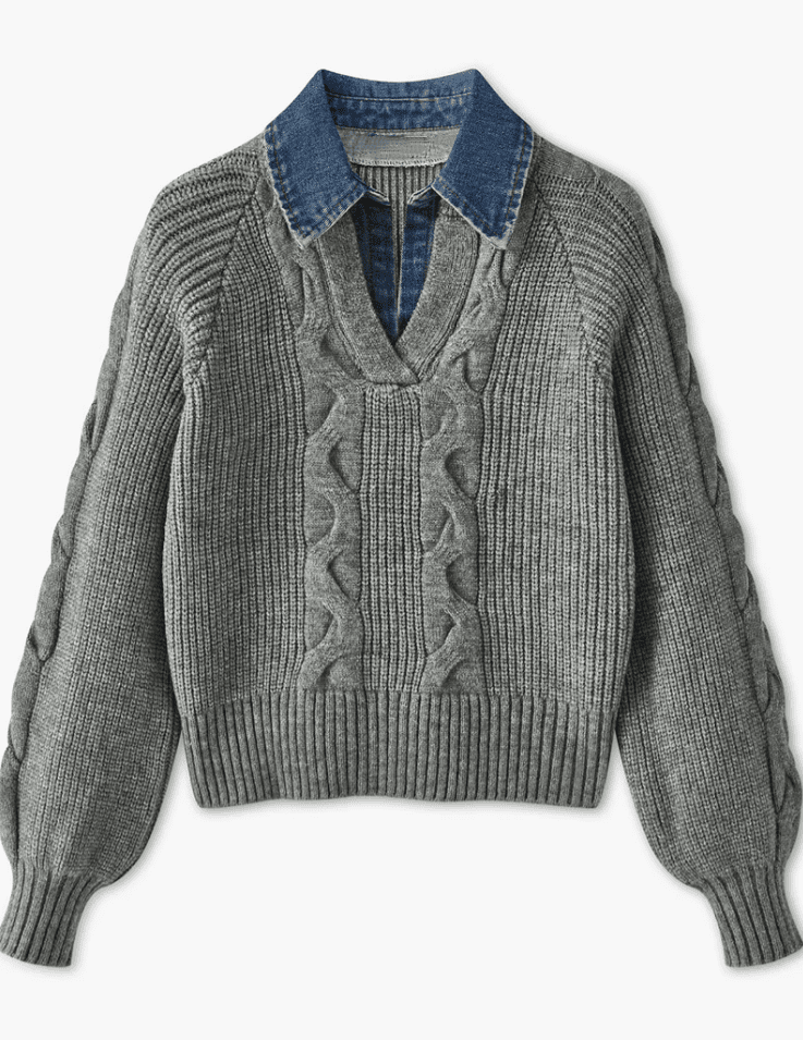 Lapel Denim Collar Sweater - allsose