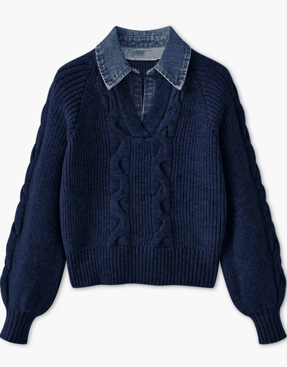 Lapel Denim Collar Sweater - allsose