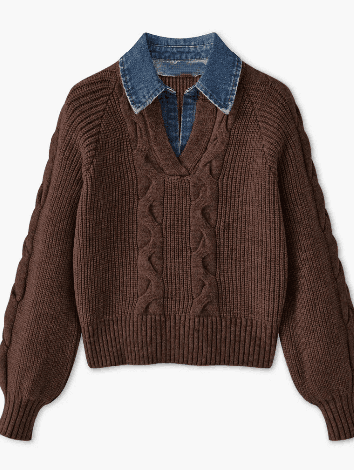 Lapel Denim Collar Sweater - allsose