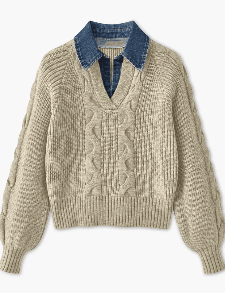 Lapel Denim Collar Sweater - allsose
