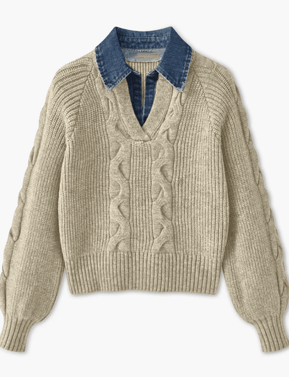 Lapel Denim Collar Sweater - allsose