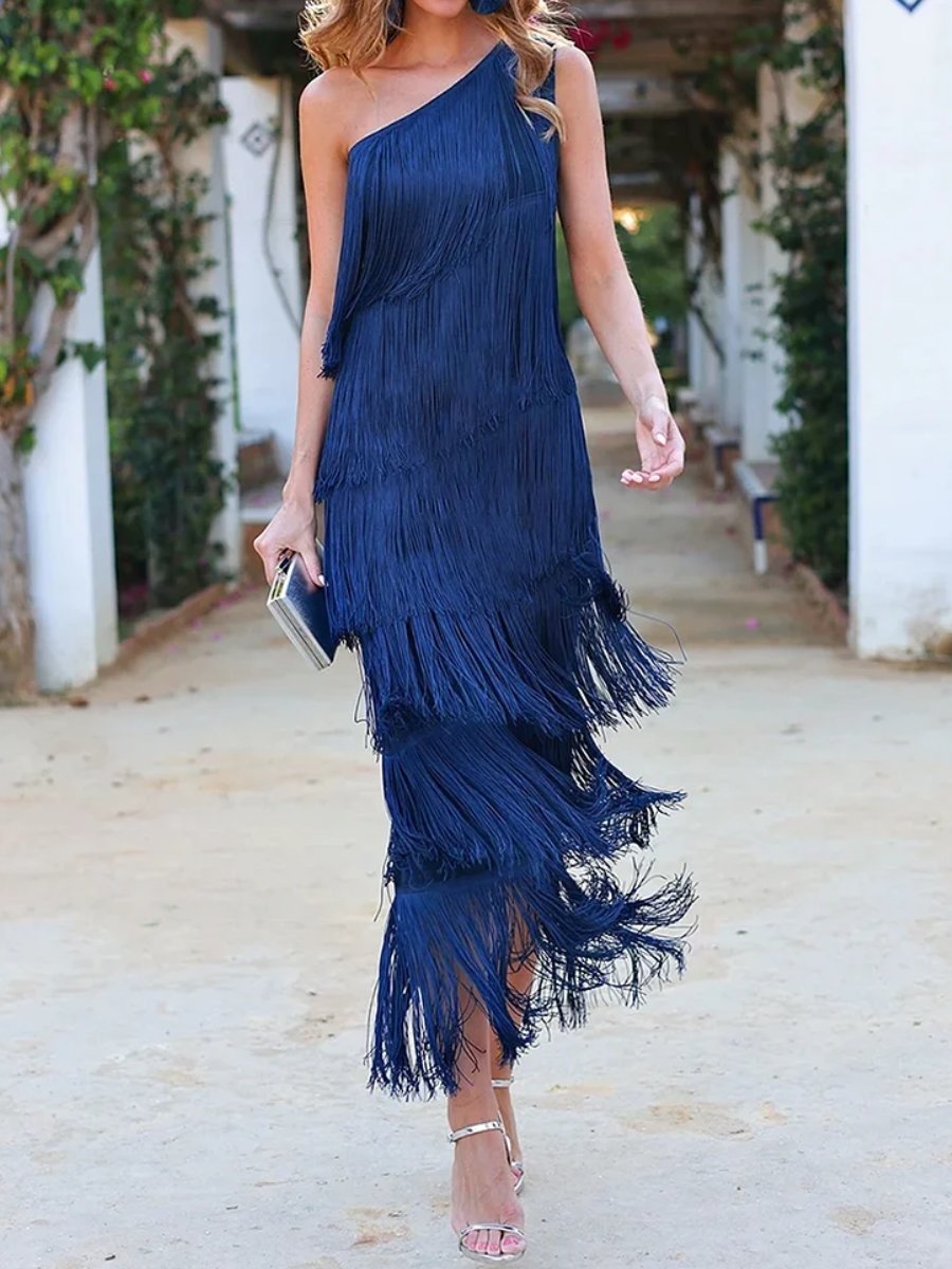 Layered Fringed Slant Shoulder Sleeveless Slim Fit Prom Party Midi Dresses - allsose