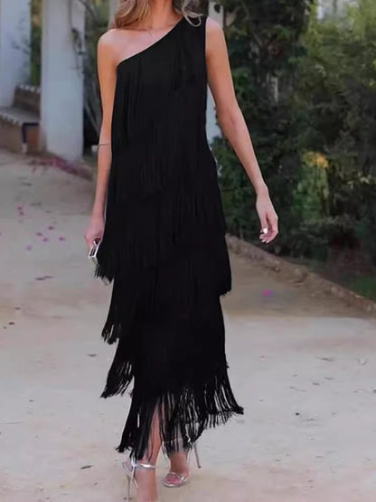 Layered Fringed Slant Shoulder Sleeveless Slim Fit Prom Party Midi Dresses - allsose