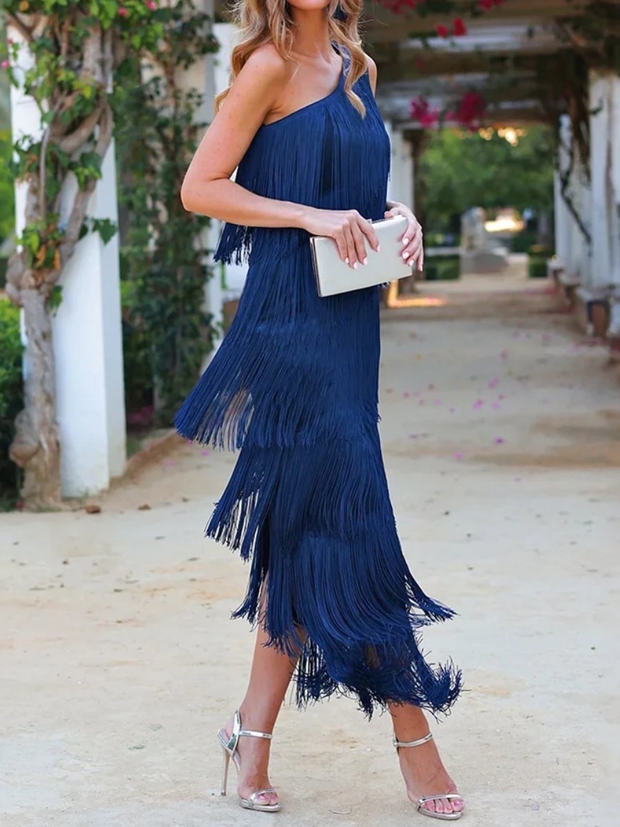 Layered Fringed Slant Shoulder Sleeveless Slim Fit Prom Party Midi Dresses - allsose