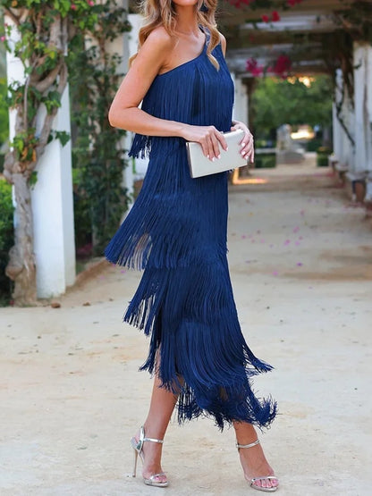 Layered Fringed Slant Shoulder Sleeveless Slim Fit Prom Party Midi Dresses - allsose
