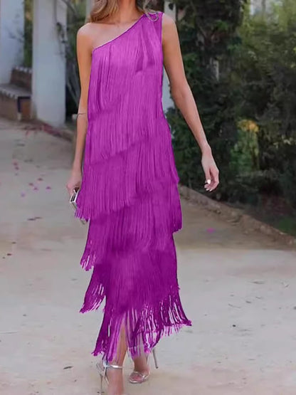 Layered Fringed Slant Shoulder Sleeveless Slim Fit Prom Party Midi Dresses - allsose
