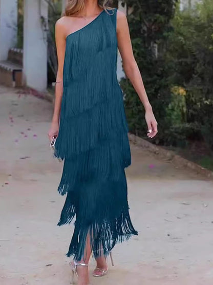 Layered Fringed Slant Shoulder Sleeveless Slim Fit Prom Party Midi Dresses - allsose