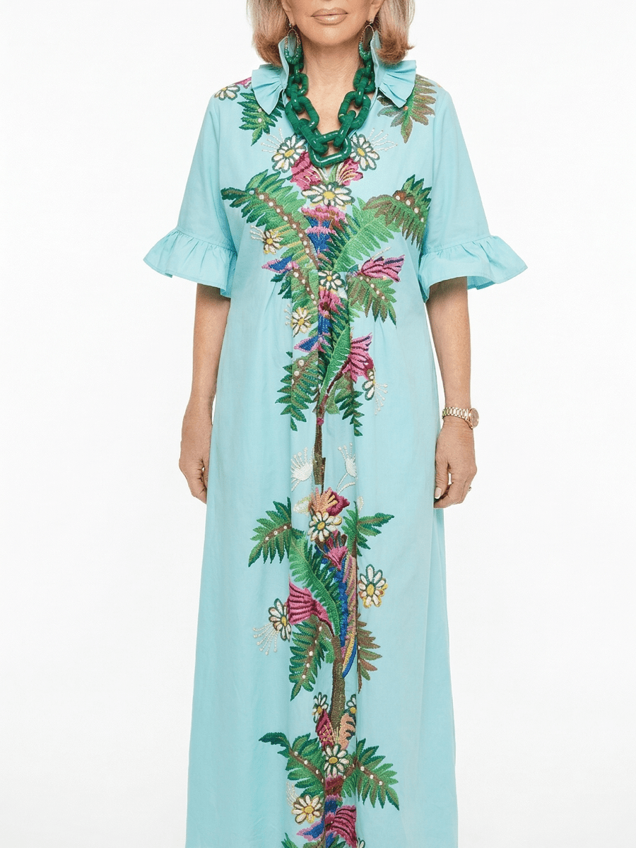 Light Blue Floral Applique Ruffle Collar Maxi Dress With Pockets - allsose