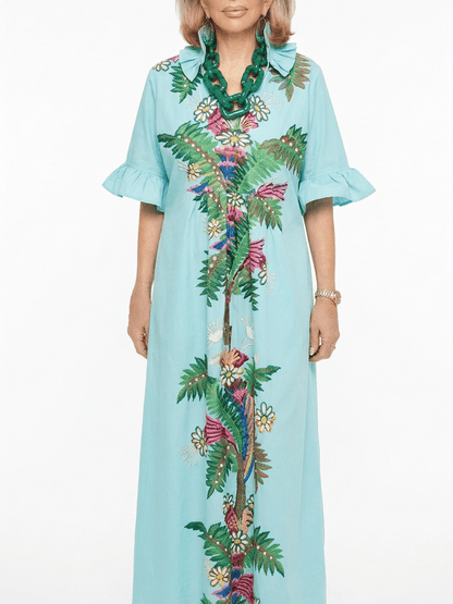 Light Blue Floral Applique Ruffle Collar Maxi Dress With Pockets - allsose