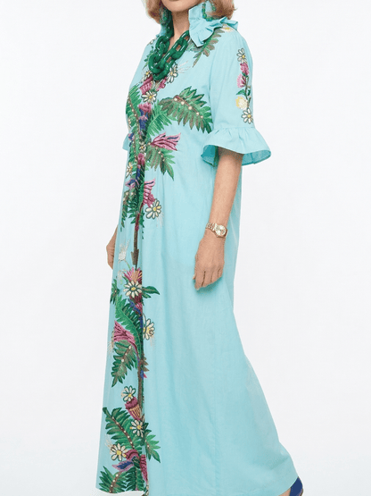 Light Blue Floral Applique Ruffle Collar Maxi Dress With Pockets - allsose