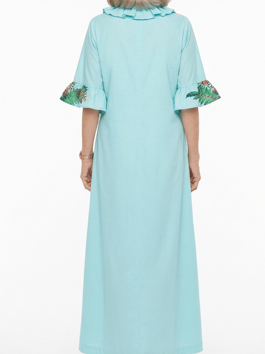 Light Blue Floral Applique Ruffle Collar Maxi Dress With Pockets - allsose