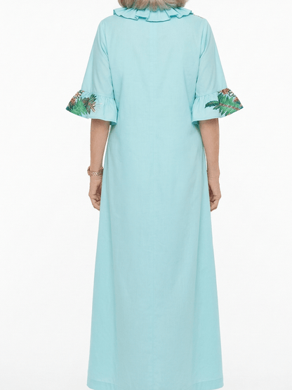 Light Blue Floral Applique Ruffle Collar Maxi Dress With Pockets - allsose