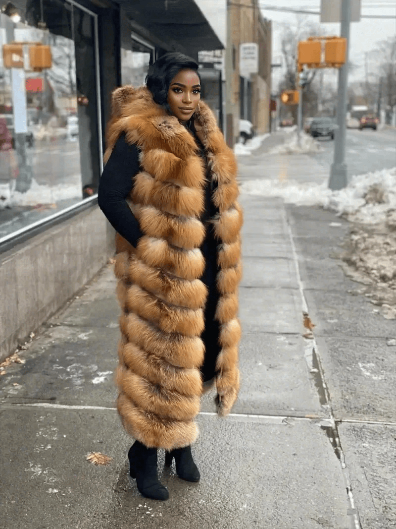 Long Red Fox Fur Vest With Hood - allsose