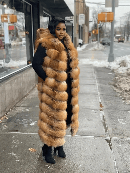 Long Red Fox Fur Vest With Hood - allsose