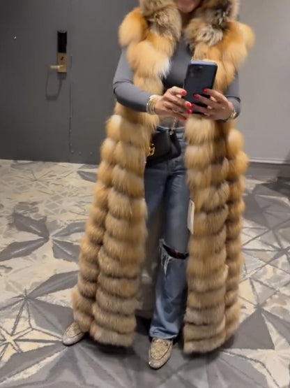 Long Red Fox Fur Vest With Hood - allsose