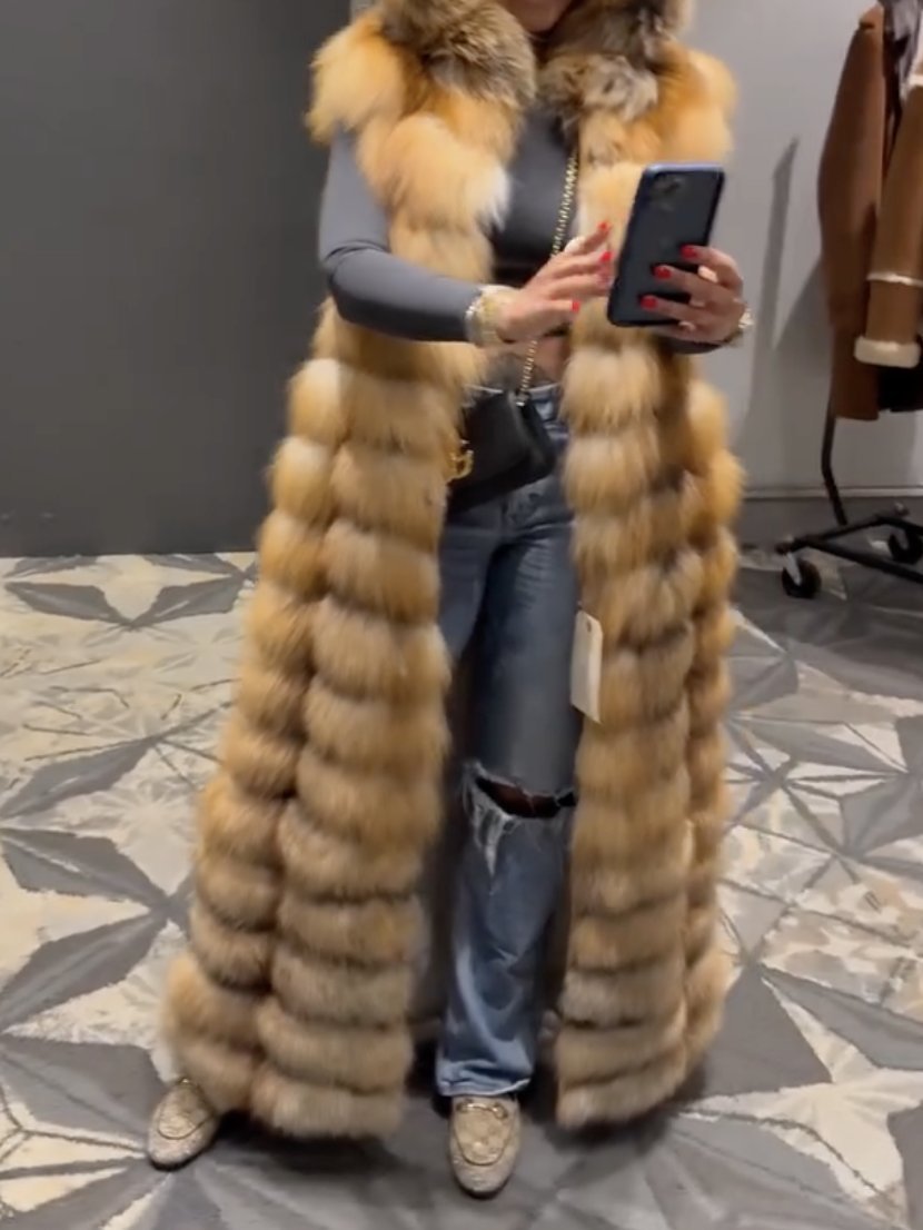 Long Red Fox Fur Vest With Hood - allsose