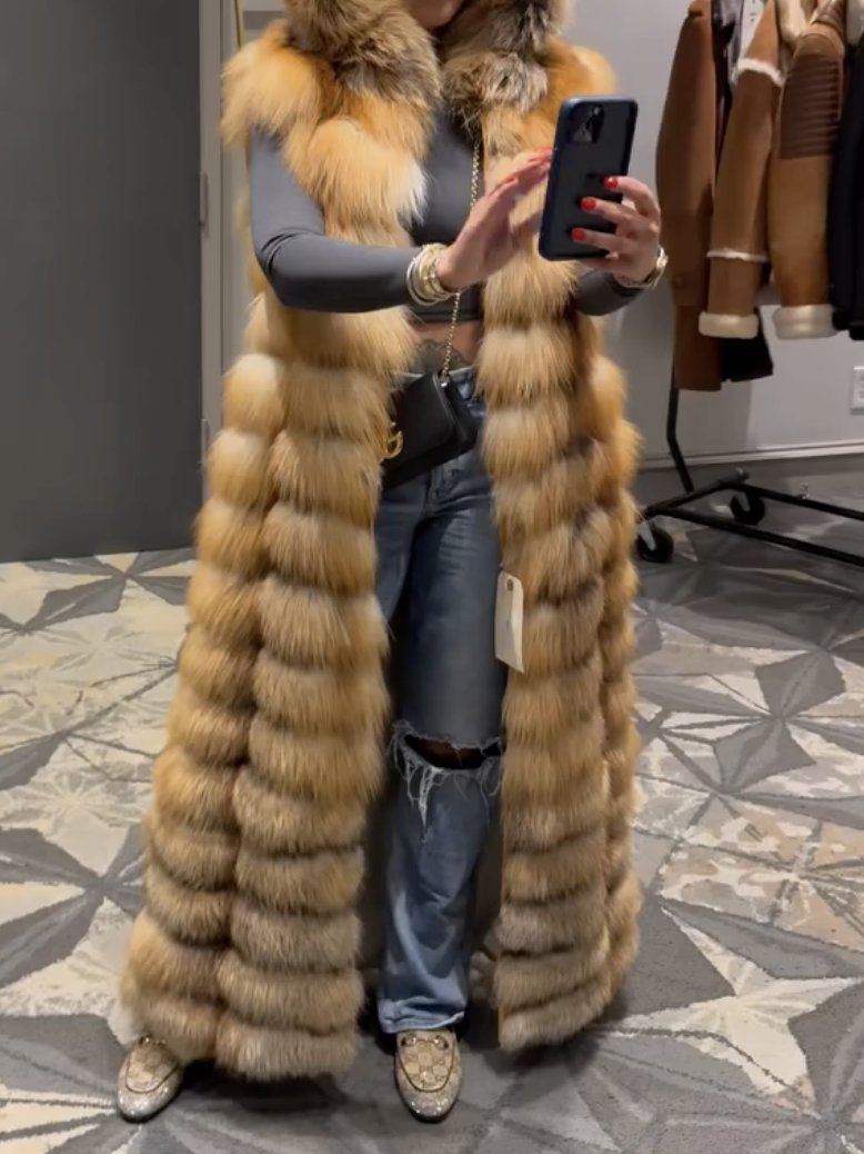 Long Red Fox Fur Vest With Hood - allsose