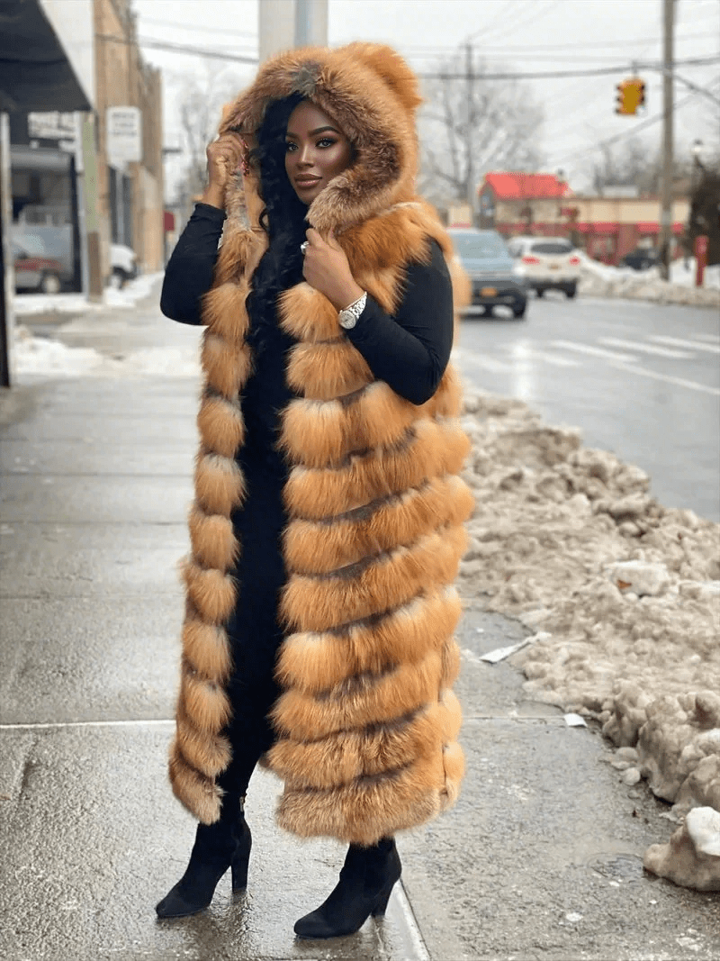 Long Red Fox Fur Vest With Hood - allsose