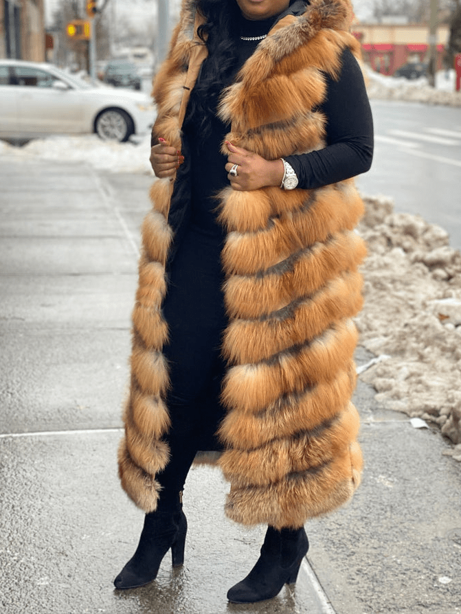 Long Red Fox Fur Vest With Hood - allsose