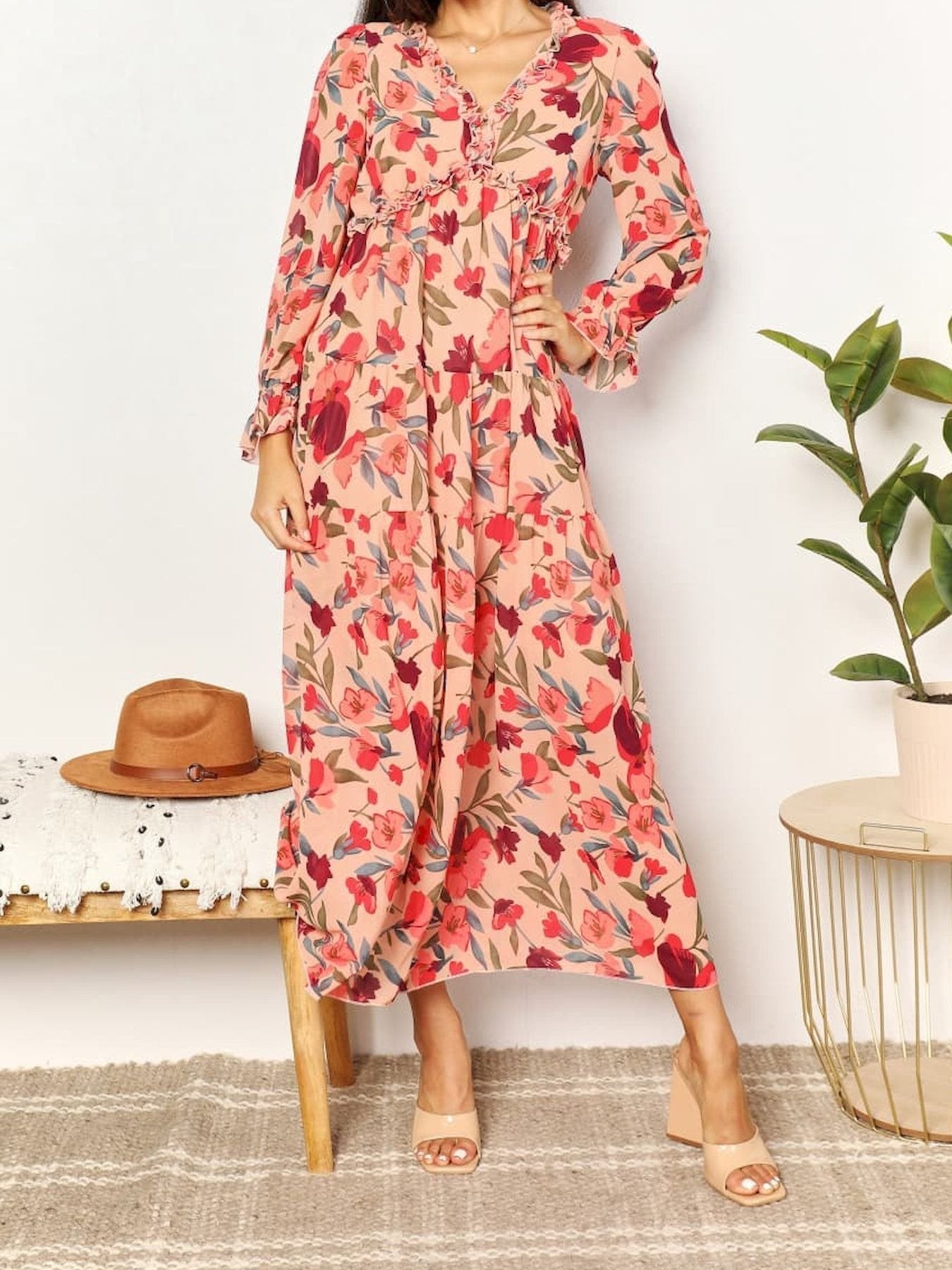 Long Sleeve Floral Maxi Dress - allsose